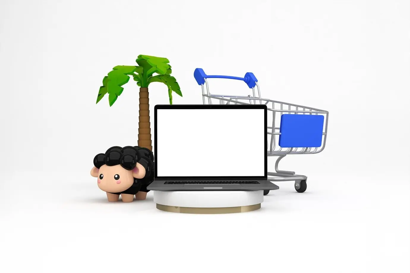Ноутбук с пустым экраном, окружённый тележкой для покупок, пальмой и овцой.